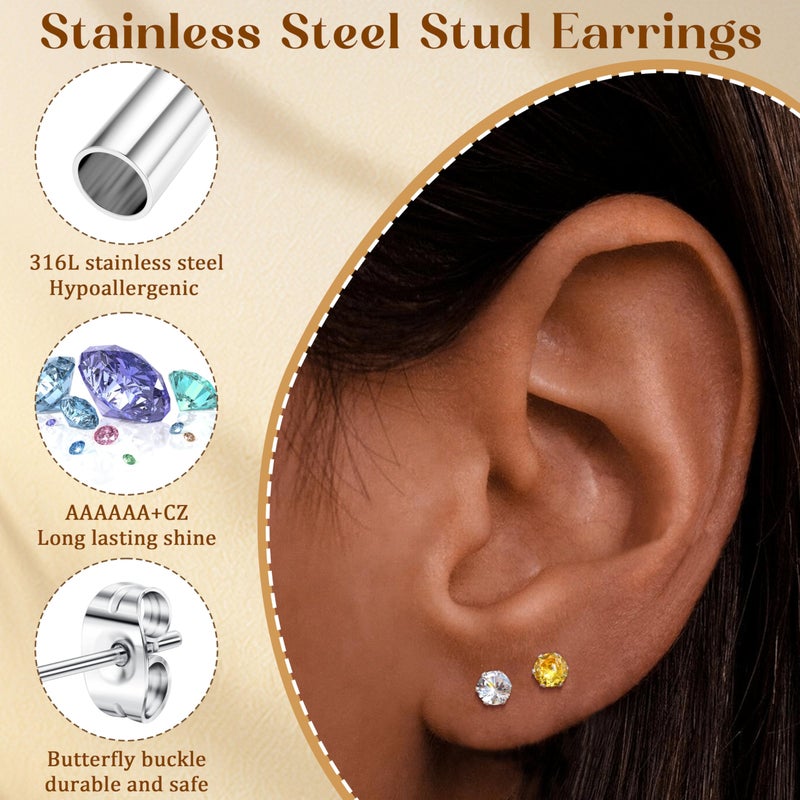 LOYALLOOK 12 Pairs Stainless Steel Cubic Zirconia Stud Earrings, Brilliant Cut Round CZ Earrings set, Birthstone Stud Earrings for Women - Image 3